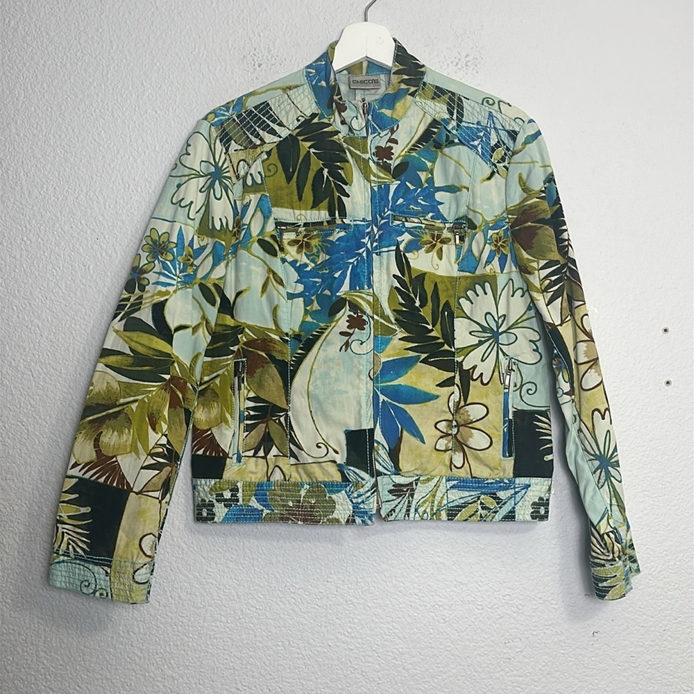 Chicos Womens Size 1 Medium 8 Mandarin Collar Full Zip Floral Retro Jacket